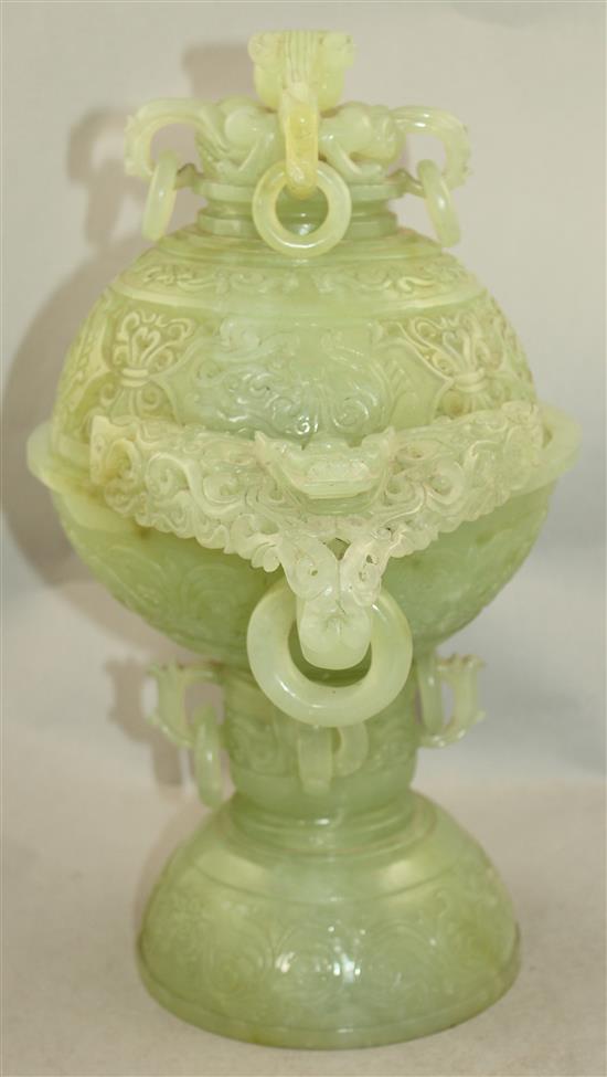 A large Chinese bowenite jade censer and cover, 20th century, 35cm